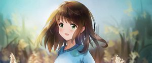 Превью обои девушка, улыбка, камыши, поле, аниме