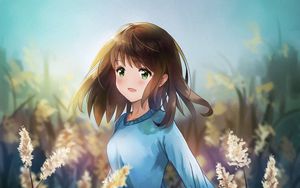 Превью обои девушка, улыбка, камыши, поле, аниме
