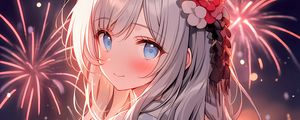 Превью обои девушка, улыбка, кимоно, фейерверки, аниме