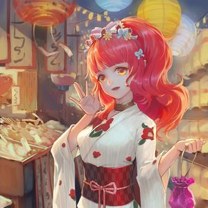 Превью обои девушка, улыбка, кимоно, ярмарка, аниме, арт