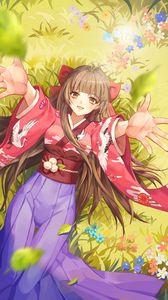 Превью обои девушка, улыбка, кимоно, поле, цветы, аниме