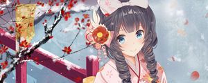 Превью обои девушка, улыбка, кимоно, зима, аниме