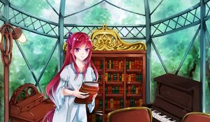 Превью обои девушка, улыбка, книги, аниме