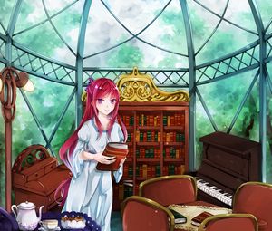 Превью обои девушка, улыбка, книги, аниме