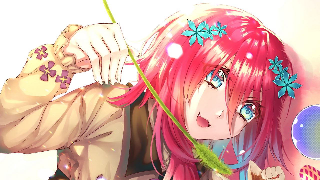 Обои девушка, улыбка, кот, питомец, аниме