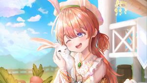 Превью обои девушка, улыбка, кролики, аниме, арт