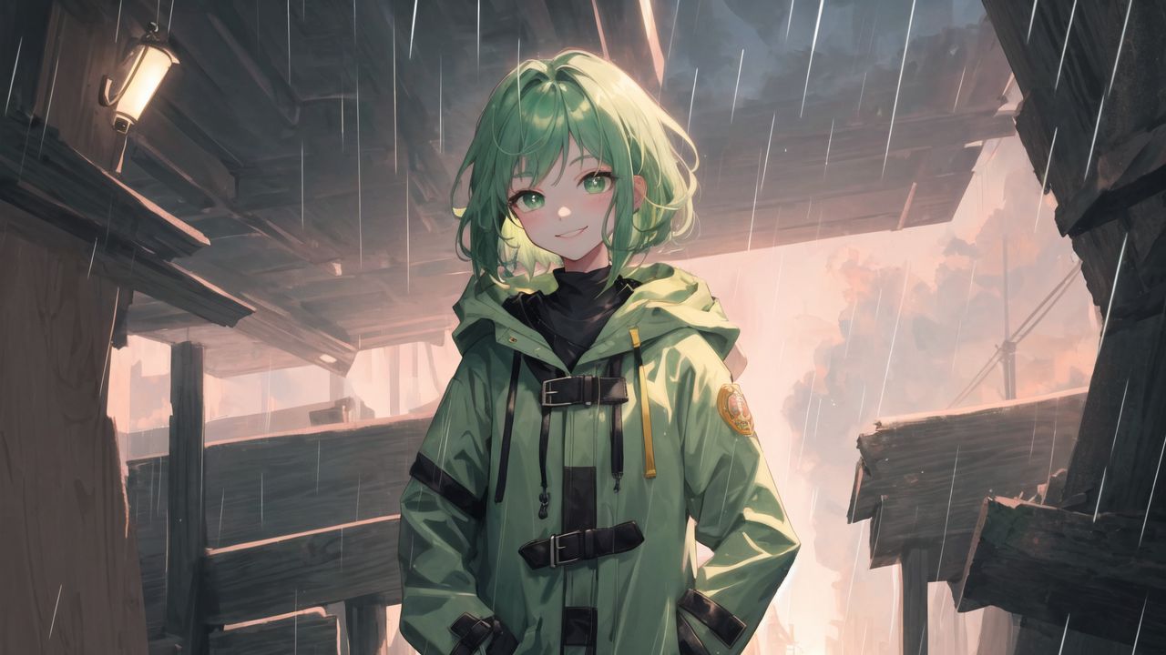 Обои девушка, улыбка, куртка, зеленый, аниме, арт
