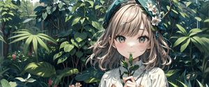 Превью обои девушка, улыбка, листья, платье, аниме