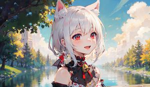 Превью обои девушка, улыбка, неко, колокольчик, река, аниме