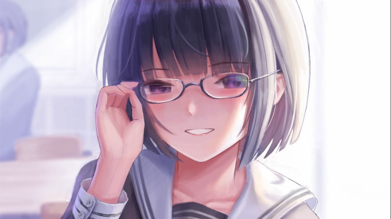 Обои девушка, улыбка, очки, студент, аниме