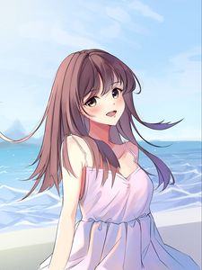 Превью обои девушка, улыбка, платье, море, аниме