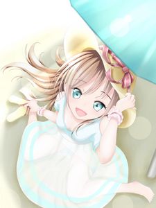 Превью обои девушка, улыбка, шляпа, пляж, аниме
