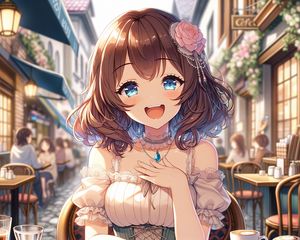 Превью обои девушка, улыбка, украшения, платье, кафе, аниме