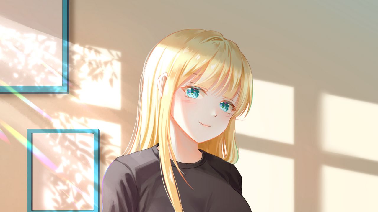 Обои девушка, улыбка, взгляд, интерьер, аниме, арт