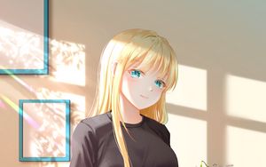Превью обои девушка, улыбка, взгляд, интерьер, аниме, арт
