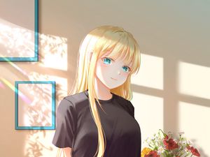 Превью обои девушка, улыбка, взгляд, интерьер, аниме, арт