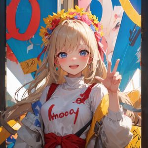 Превью обои девушка, улыбка, жест, венок, яркий, аниме, арт