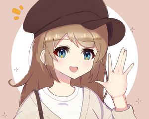 Превью обои девушка, улыбка, жест, берет, аниме, арт