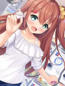 Превью обои девушка, улыбка, жест, игрушка, аниме