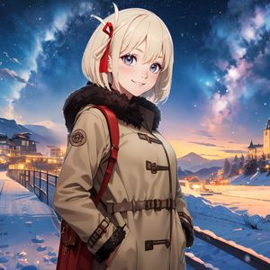 Превью обои девушка, улыбка, зима, звезды, аниме, арт