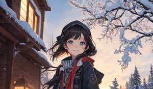 Превью обои девушка, улыбка, зима, снег, аниме, арт