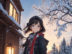 Превью обои девушка, улыбка, зима, снег, аниме, арт