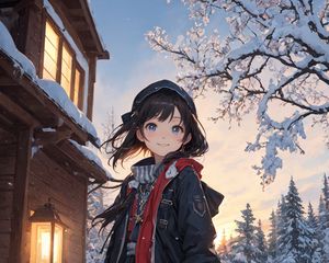 Превью обои девушка, улыбка, зима, снег, аниме, арт