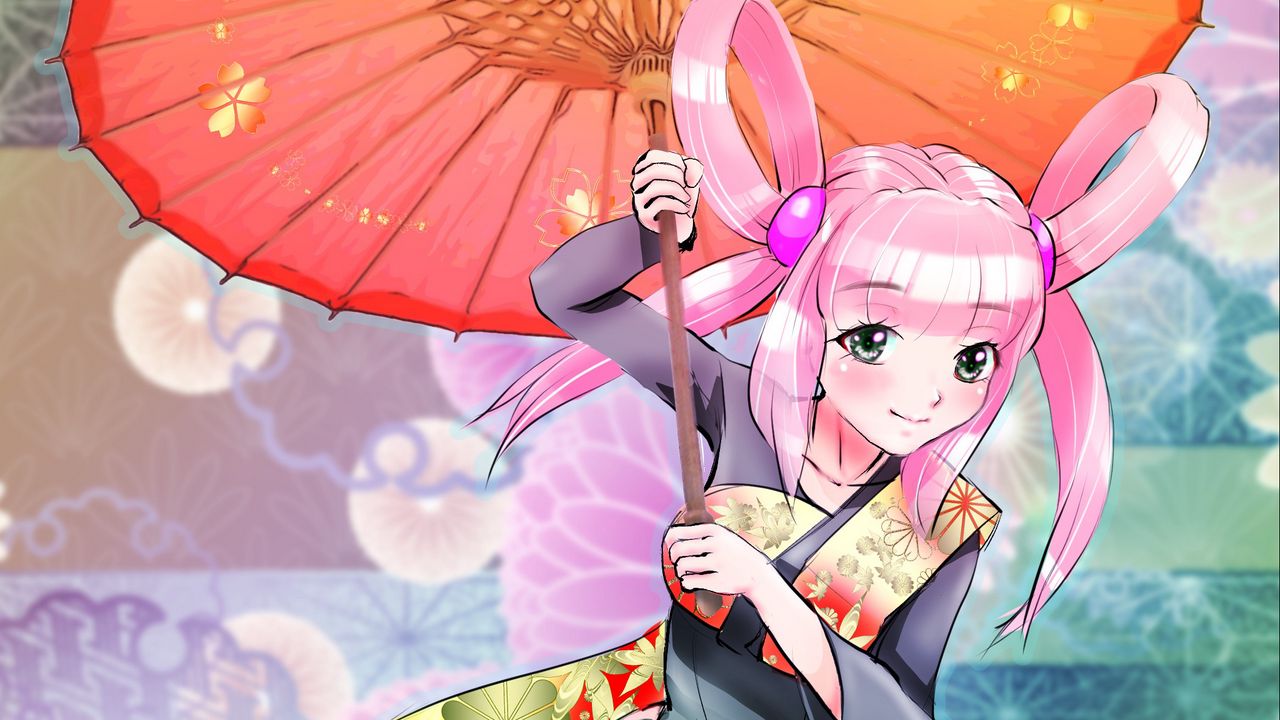 Обои девушка, улыбка, зонт, кимоно, движение, аниме