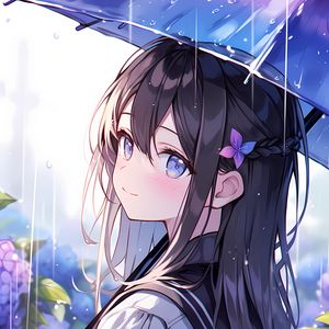 Превью обои девушка, улыбка, зонт, дождь, цветы, аниме