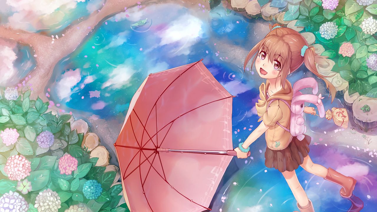 Обои девушка, улыбка, зонтик, аниме, арт