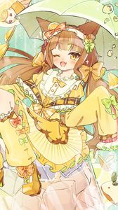 Превью обои девушка, улыбка, зонтик, аниме, желтый