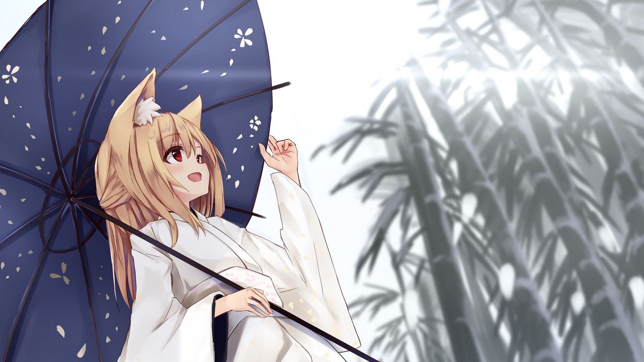 Обои девушка, улыбка, зонтик, кимоно, аниме