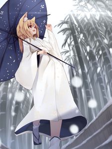 Превью обои девушка, улыбка, зонтик, кимоно, аниме