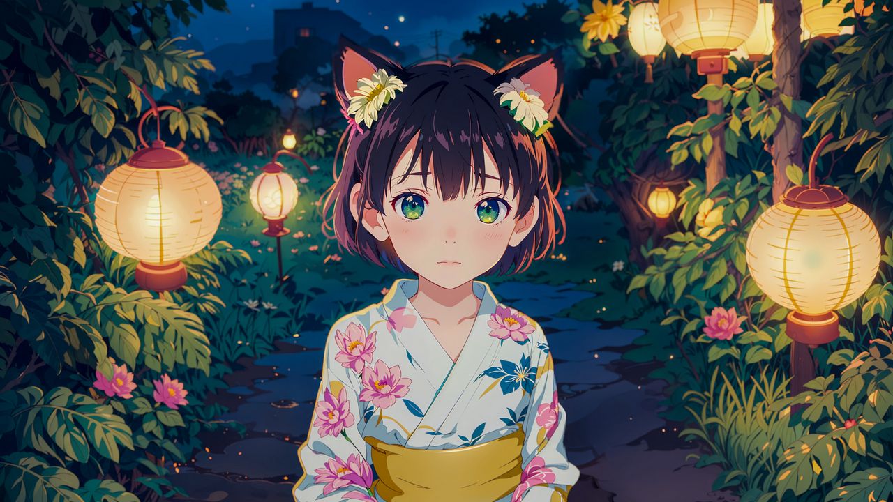 Обои девушка, ушки, кимоно, китайские фонарики, листья, аниме