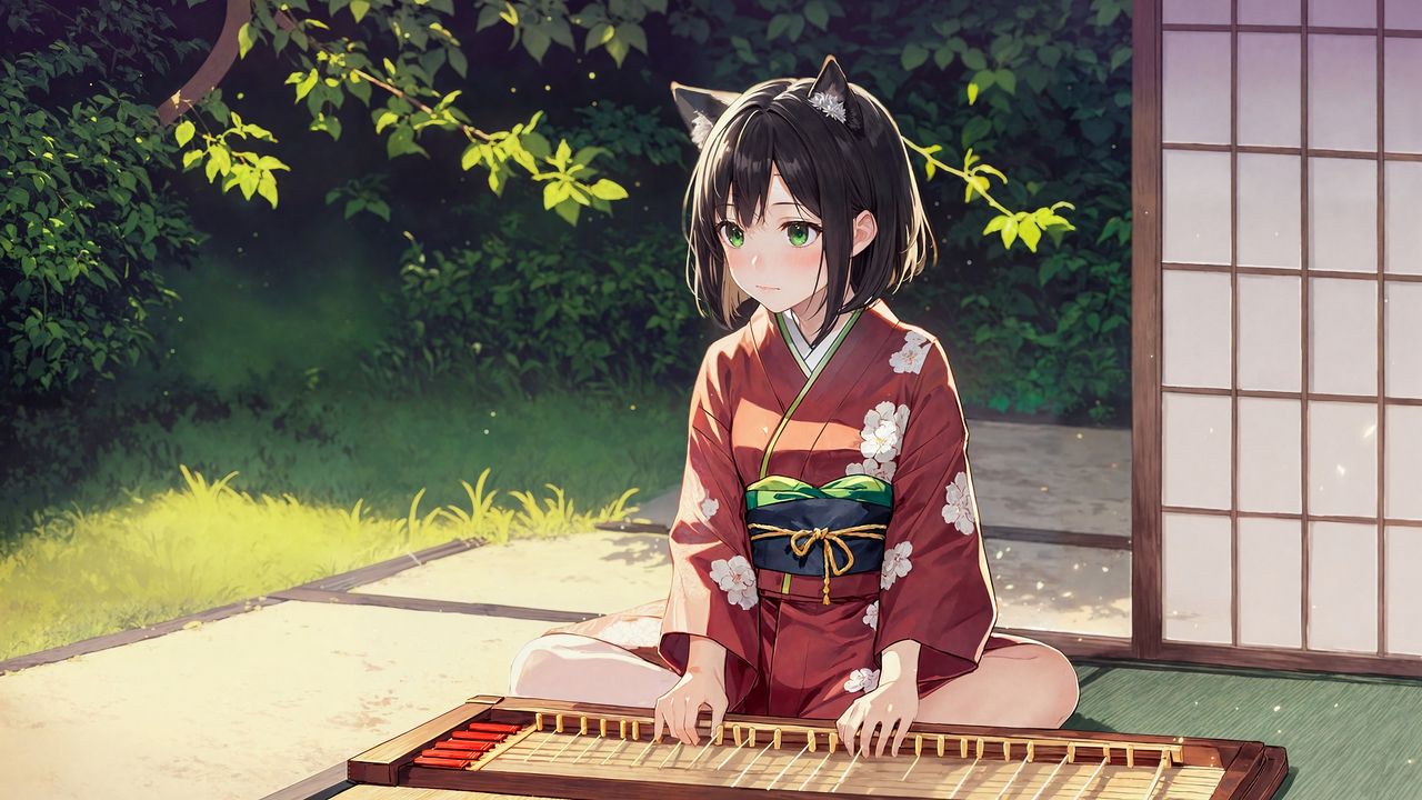 Обои девушка, ушки, кимоно, деревья, трава