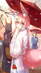 Превью обои девушка, ушки, кимоно, зонтик, аниме, арт