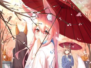 Превью обои девушка, ушки, кимоно, зонтик, аниме, арт