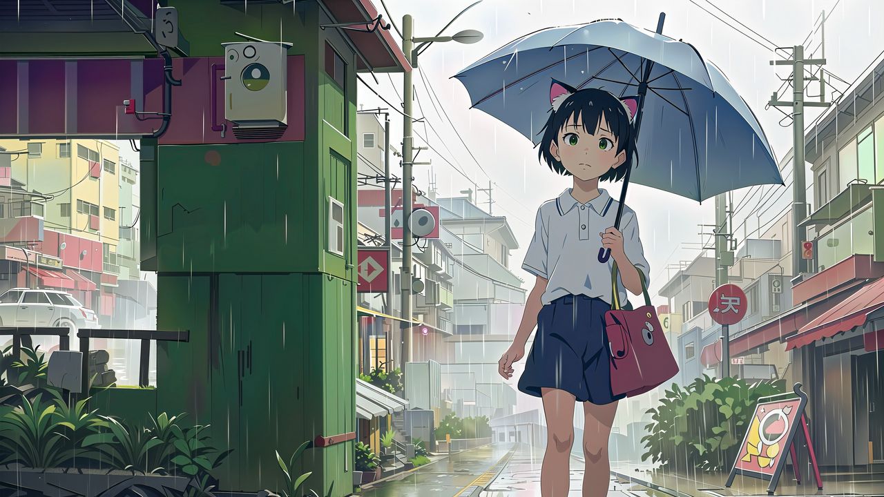 Обои девушка, ушки, сумка, зонт, дождь, аниме