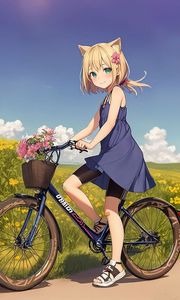 Превью обои девушка, ушки, велосипед, цветы, поле, аниме