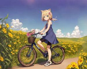 Превью обои девушка, ушки, велосипед, цветы, поле, аниме
