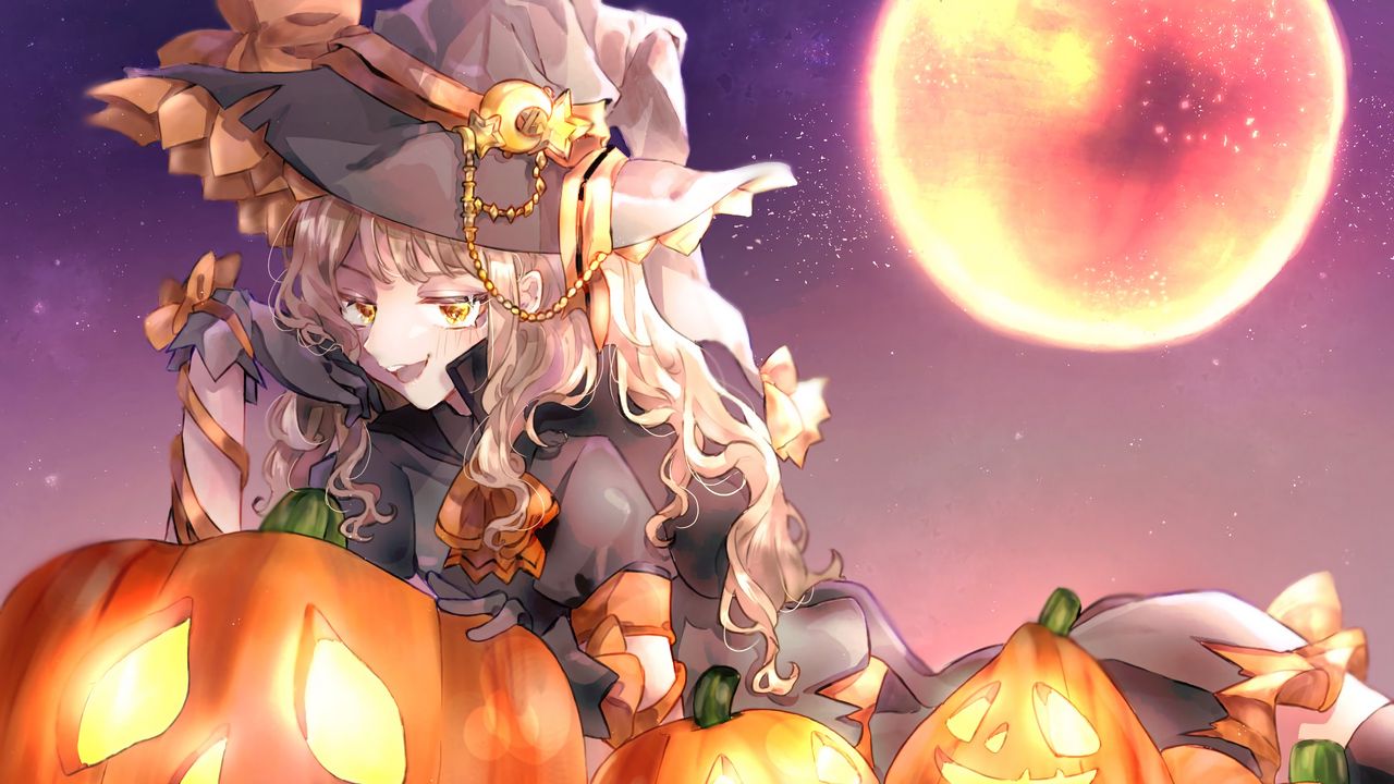 Обои девушка, ведьма, шляпа, тыквы, хеллоуин, аниме