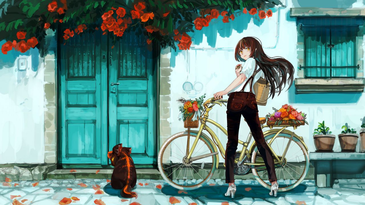 Обои девушка, велосипед, цветы, аниме, арт