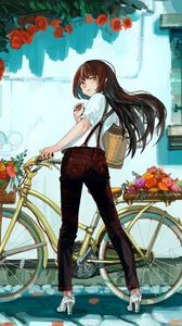 Превью обои девушка, велосипед, цветы, аниме, арт