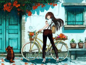 Превью обои девушка, велосипед, цветы, аниме, арт