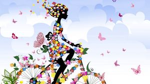 Превью обои девушка, велосипед, цветы, бабочки