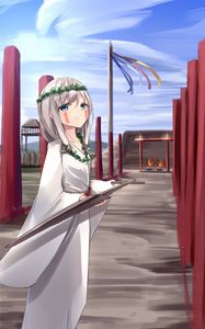 Превью обои девушка, венок, меч, аниме, арт