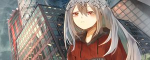 Превью обои девушка, венок, здания, город, аниме