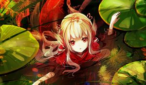 Превью обои девушка, вода, листья, фэнтези, аниме, арт