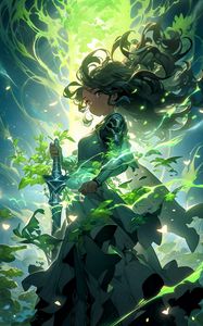 Превью обои девушка, воин, меч, волосы, зеленый, аниме