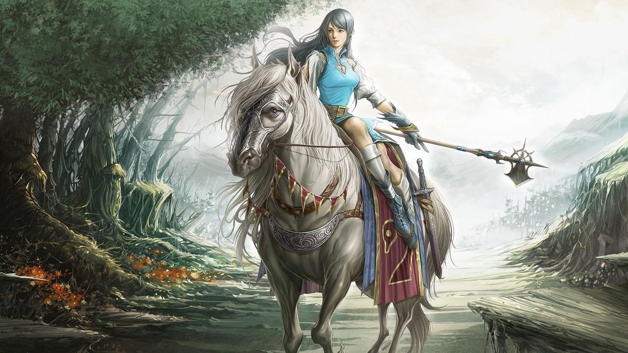 Обои девушка, воительница, лошадь, оружие, дорога, деревья